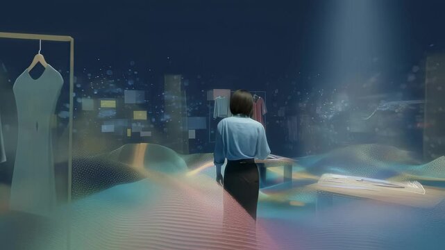 A creative workspace that merges physical and digital elements with the AGI fashion designer manipulating virtual fabrics and colors crafting bespoke garments displayed around the user