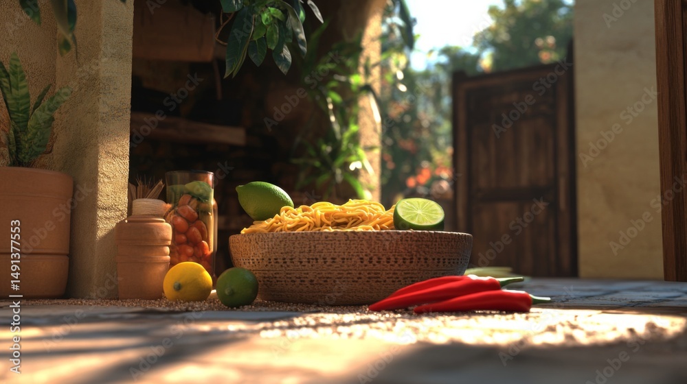 Poster a charming setup with instant noodles in a bowl, surrounded by fresh ingredients like chili peppers,
