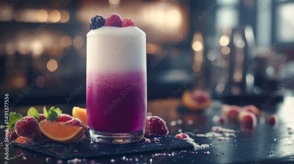 Poster a chilled glass of soda with a perfect head of foam, surrounded by fresh fruit slices, creating a re