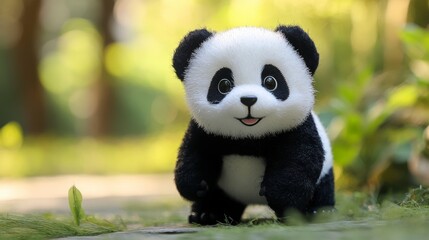 Fototapeta premium Adorable baby panda plush toy in a lush green garden.