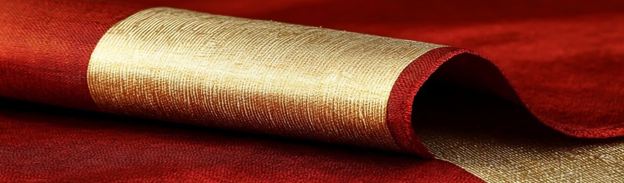 Red gold fabric textile roll close-up