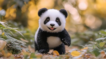 Adorable baby panda bear cub walking in autumn forest, looking at camera, smiling.