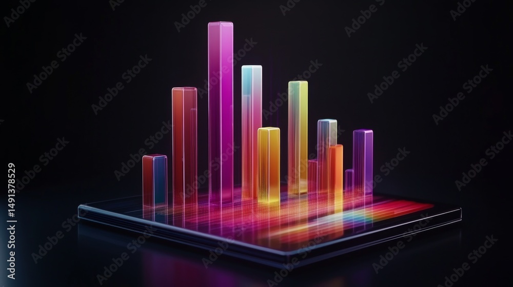 Fototapete a financial dashboard displaying a d bar graph with colorful rising bars, set against a dark backgro