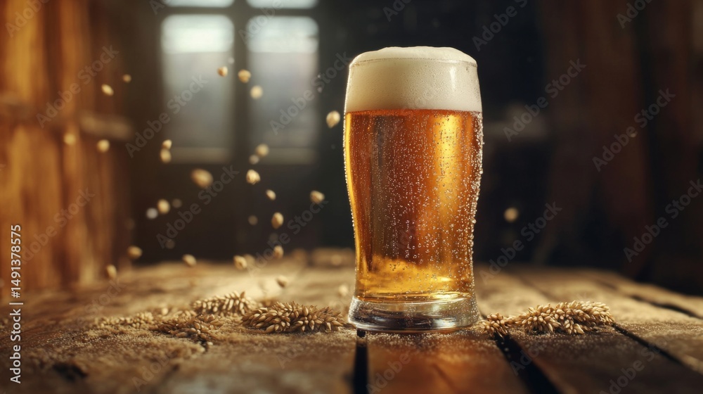Poster a frosted glass of beer with condensation droplets, placed on a rustic table, surrounded by scattere