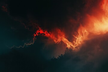 Sky covered with dark clouds, with red fire visible behind them