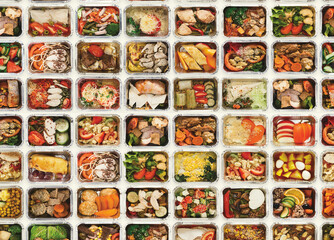 Collection of take away foil boxes with healthy food. Set of containers with everyday meals - meat, vegetables and law fat snacks on white background, top view, seamless