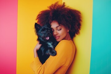 Beautiful young woman hugging her beloved dog on studio background