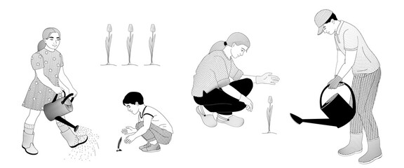 Family working in flower garden, woman in work clothes  squatting to gardening, Man  watering with watering can, Girl with a watering can, boy gardening flower sprout Black and white vector 