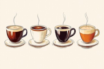 Drawing of coffee cups with saucers on a beige background