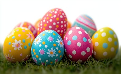 Fototapeta premium Colorful decorated Easter eggs with floral and polka dot patterns arranged on green grass, evoking joy and festivity