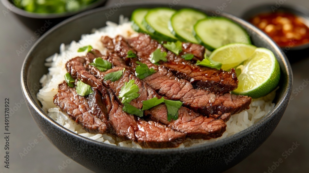Poster a mouthwatering image of beef rice in a deep bowl, with the beef marinated in a savory sauce, accomp