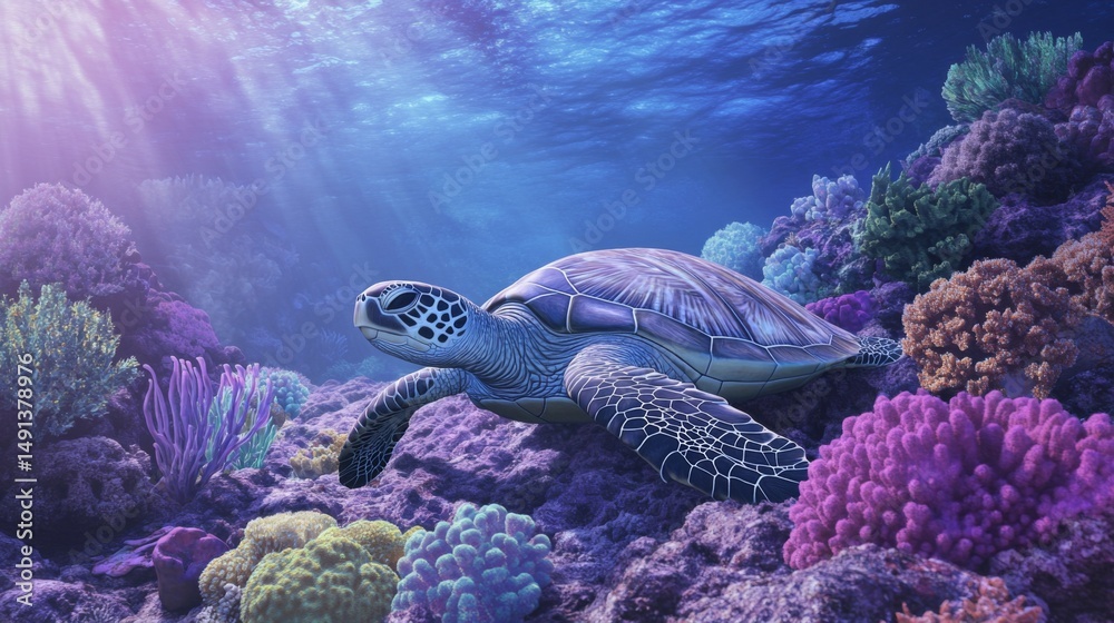 Poster a peaceful image of a sea turtle resting on a rocky seabed, with soft corals and colorful sponges su