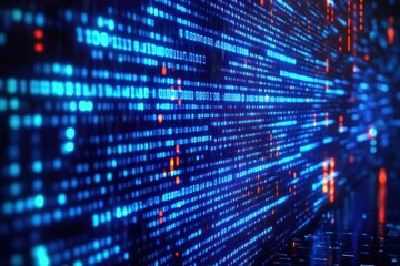 Close-up of glowing digital binary code in blue and red creating a futuristic data stream effect with depth and motion blur