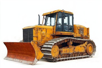 Old yellow bulldozer with large metal tracks and a rusty front blade isolated on white background