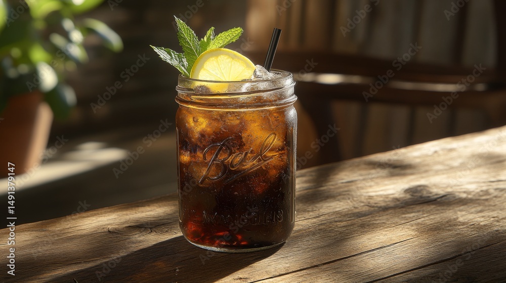 Aufkleber a refreshing soda served in a mason jar with ice, topped with a lemon slice and mint, sitting on a r