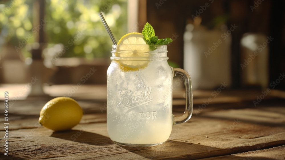 Poster a refreshing soda served in a mason jar with ice, topped with a lemon slice and mint, sitting on a r
