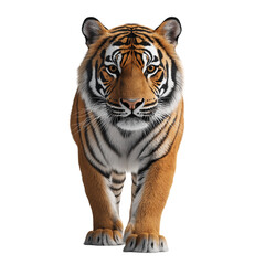 Obraz premium Front view of a golden South China tiger with intense eyes and detailed fur texture, posed against a solid white background, showcasing its powerful build, striking stripes