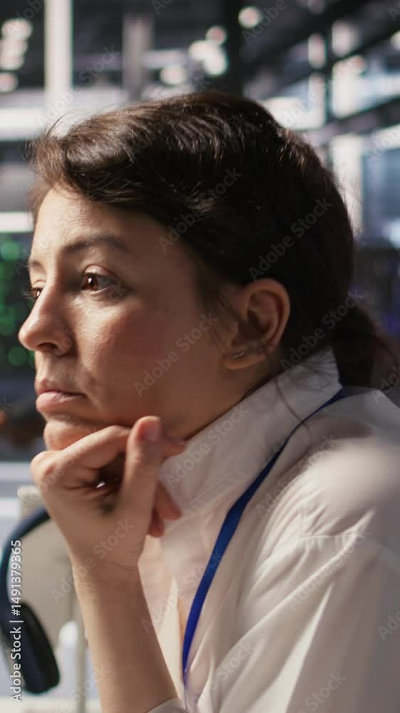Poster vertical video software developer monitors server clusters performing ai training and inference task