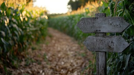 Rustic wooden directional signs in a cornfield pathway.