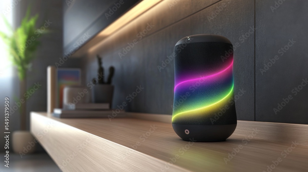 Poster A smart speaker resting on a shelf, with sound waves visualized around it, illustrating the concept of voice-activated wireless communication in a home setting.