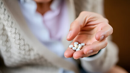 Taking medication - close-up of an elderly person's hand with pills