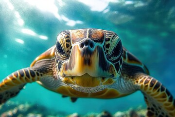 Obraz premium Close-up underwater view of a sea turtle swimming with detailed facial features and natural ocean light sparkling above