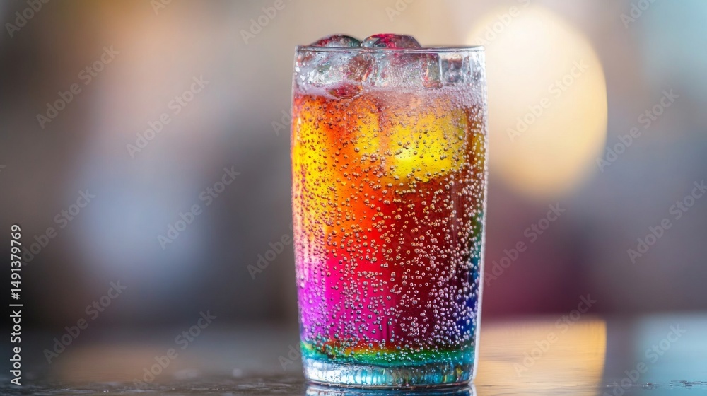 Poster a vibrant glass of soda with colorful bubbles and ice cubes, positioned on a marble countertop, with