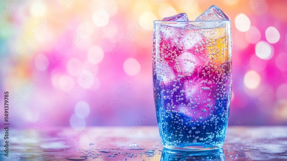 Poster a vibrant glass of soda with colorful bubbles and ice cubes, positioned on a marble countertop, with