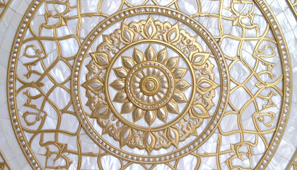 an intricate ceiling tile design with an ornate, possibly indian, pattern, featuring metallic elements and a central sun like motif on a white background, which appears to be a decorative ceiling piec