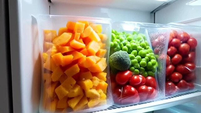 Fresh Vegetables Inside Refrigerator with Diced Orange Squash Peas and Cherry Tomatoes in Clear Containers Organized Food Storage Healthy Eating