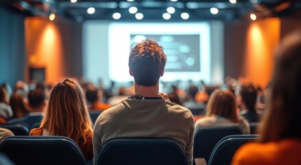 Audience seated facing a large illuminated presentation screen in a modern conference room with warm ambient lighting