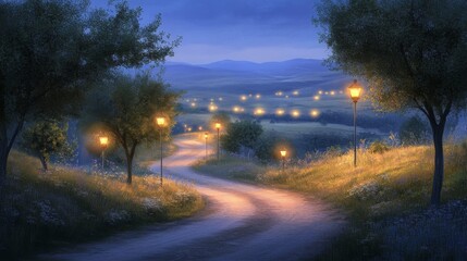 Naklejka premium A winding road in the countryside lit by scattered streetlights, with soft light falling on the trees and grass on a peaceful evening.