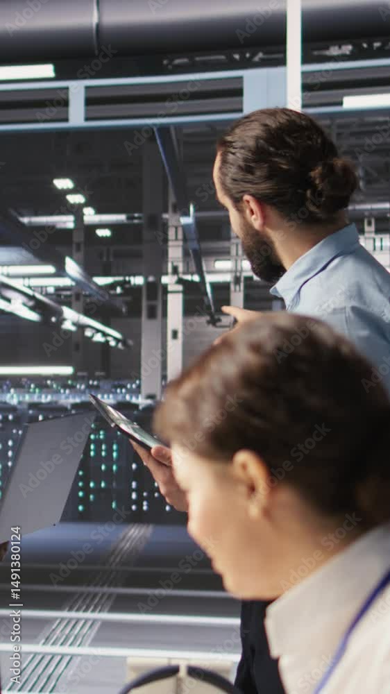 Poster vertical video data scientists working together in server room, reviewing neural network code and ll