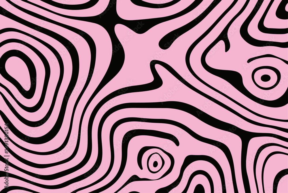 Poster abstract pattern of wavy black lines on a pink background, capturing the trendy psychedelic and neo-