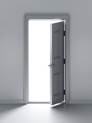 Open modern door,  symbolizing endless opportunity, possibility, career. Cut out, png, isolated, add your own background. Faint shadow under door for 3d effect