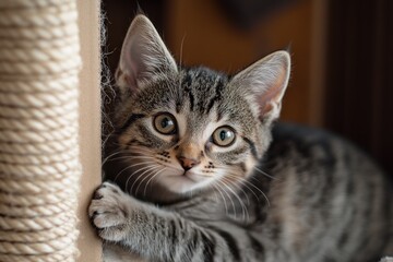 A tabby kitten, curious and playful, nestled against a scratching post
