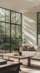 Fototapeta premium A modern, minimalist living room with neutral tones, sleek furniture, and large windows offering a view of a green garden or city skyline.