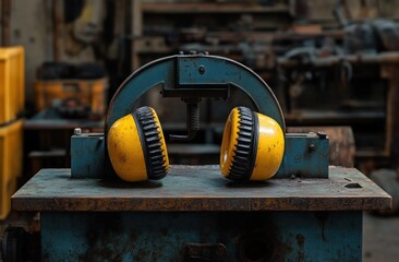 Yellow industrial ear protectors placed on a worn blue metal machine in a dimly lit workshop environment
