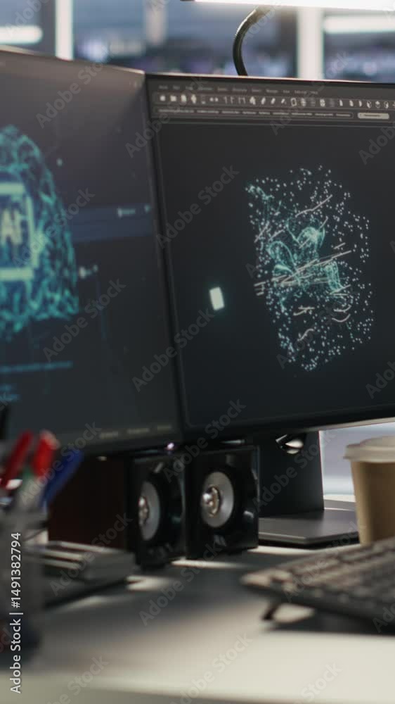 Poster vertical video monitors displaying status of data center hardware supporting ai training workflows a