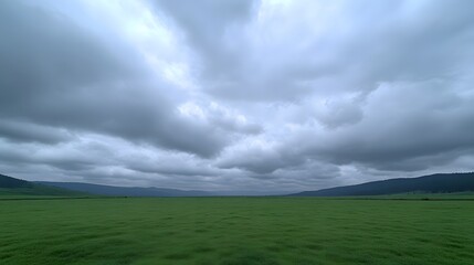 Obraz premium Vast Green Field Under Dramatic Cloudy Sky Landscape Photography