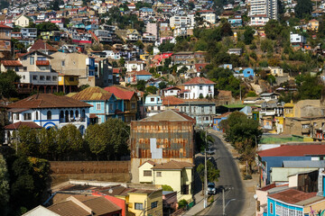 Colorful Hillside Houses in Valparaiso, Chile , Vibrant Urban Landscape, Colonial Architecture, Coastal City View, South America Travel Destination