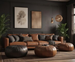 Black poufs accent brown couch in eclectic living room  Vintage style, dark interior ,  cozy,  interior design