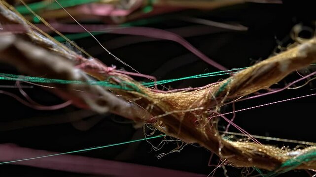 An intricate tapestry woven from threads of data images and snippets of headlines from the past decade showcasing the interconnectedness of events. An AGI artisan at work selectively