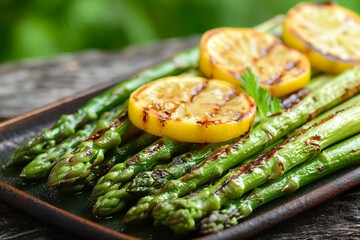 Grilled asparagus and lemon slices on rustic wooden table