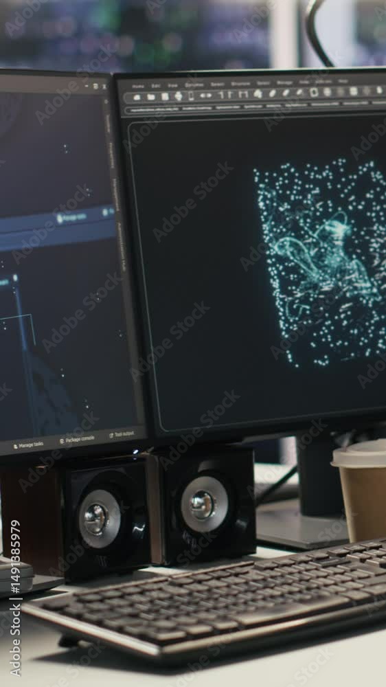 Poster vertical video ai development workstation in data center with dual monitors displaying machine learn