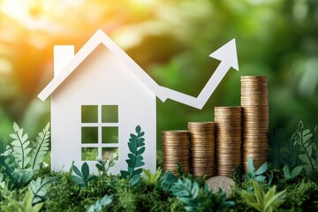 White house cutout next to stacks of gold coins increasing in height with an upward arrow, surrounded by green plants and moss symbolizing growth and investment