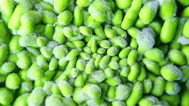Frozen Green Edamame Soybeans Top Down High Angle Close Up Detailed Vibrant Shot Food Flat Lay Texture Background