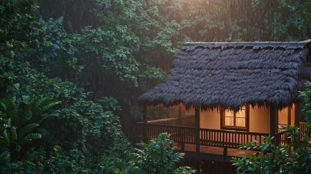 Enchanting rainforest cottage glowing warmly during a gentle evening downpour. Serene jungle ambiance, perfect for relaxation or background visuals. Digitally generated animation.