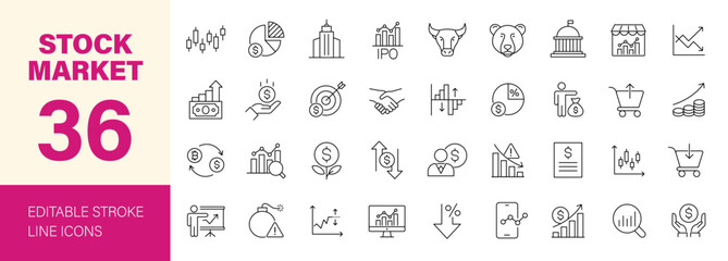 Stock market icon set. Containing finance, trading, profit, shareholder, investment, bear, bull, stock exchange, market analysis, growth and more. Editable line icons. Vector illustration.