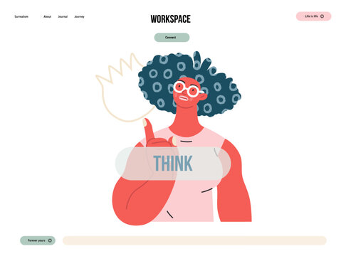 Thinking people, modern flat vector concept illustration- woman standing thoughtfully, looking upwards, bubble near head Metaphor for reflection, analysis, introspection, contemplation, deep thought
